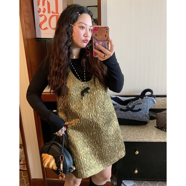 Gold large-sleeved sleeveless vest skirt for women in spring and summer 2025 new fat mm large-size women's dopamine dress