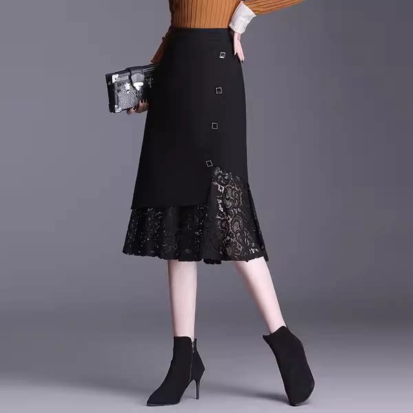 Black fishtail skirt for women 2025 new summer lace skirt A-line high waist drooping mid-length hip wrap skirt
