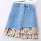 Floral chiffon pleated denim skirt A-line skirt women's high waist zipper short skirt fashionable short skirt
