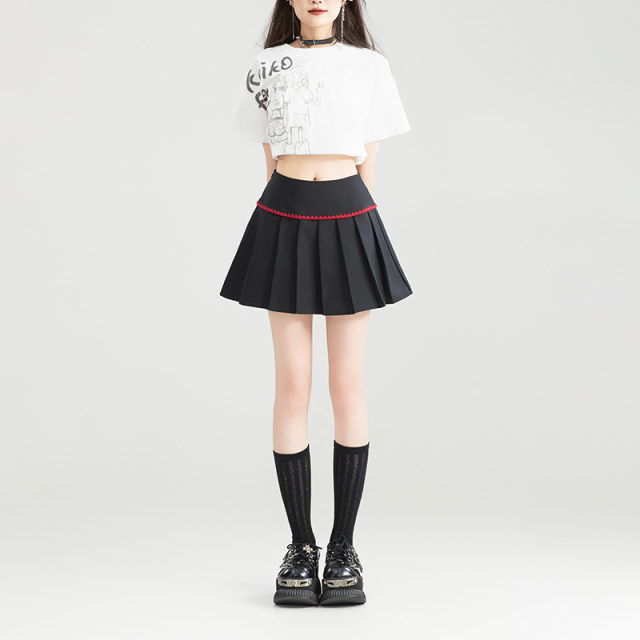 KEIKO [Anti-exposed] Shell embroidered black pleated skirt 25 summer commuting high waist A-line slim short skirt