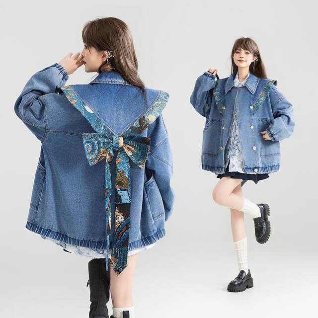 KEIKO Huayang New Chinese Cloud Shoulder Denim Jacket Women's 25 Autumn Bow Ribbon Ribbon Decorated Loose Jacket Top