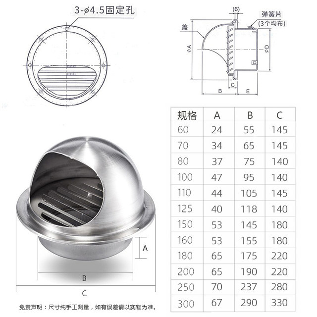 304 stainless steel hood exterior wall air outlet through wall exhaust ...