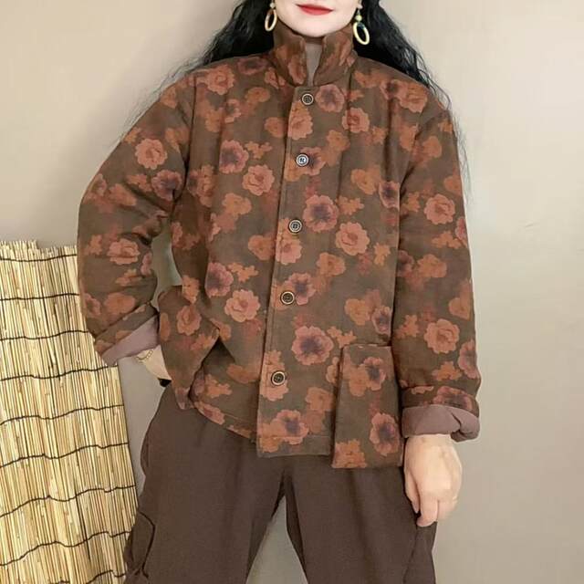 Fried color ethnic style full print plus cotton jacket fashionable casual double pocket warm cotton jacket J22 23#
