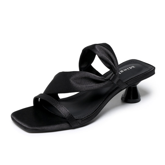 One-line thick heel sandals for women, summer outer wear, square toe, open toe, not tiring, high heel sandals, large size women's shoes 41 to 43
