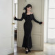 
withpuji original design Low V-neck knitted stretch slim dress with Gemini autumn