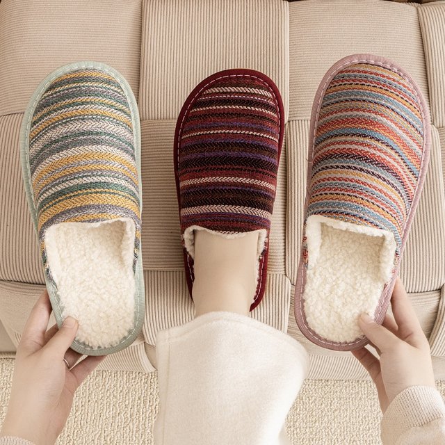 European style new autumn and winter slippers to keep warm at home for couples men and women wooden floor non-slip silent flat soft bottom cotton slippers