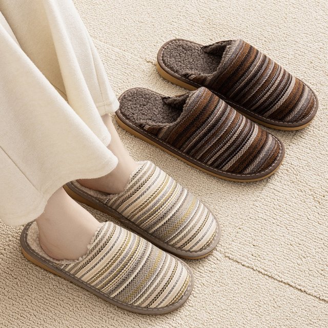 European style new autumn and winter slippers to keep warm at home for couples men and women wooden floor non-slip silent flat soft bottom cotton slippers