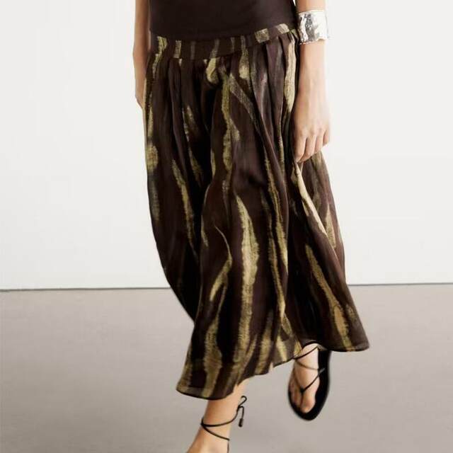 Spanish MD women's new retro abstract print print light and flowing pleated skirt spring and autumn long skirt