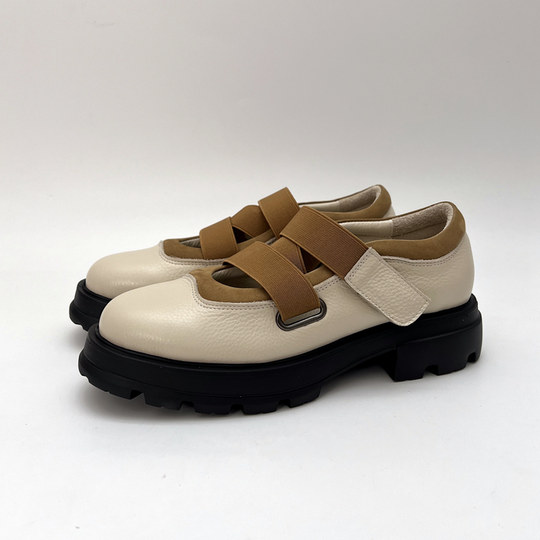 Cabinet Ya's women's shoes genuine leather casual shoes thick-soled soft and comfortable small leather shoes Velcro elastic band European and American platform shoes