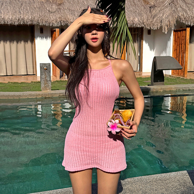 Korean ins sweet backless knitted skirt split swimsuit for women 2025 new style of belly-covering and slimming vacation swimsuit