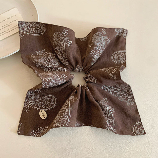 Brown cashew flower printed square scarf large intestine hair tie for women Korean style square hair tie side low ponytail hair rope