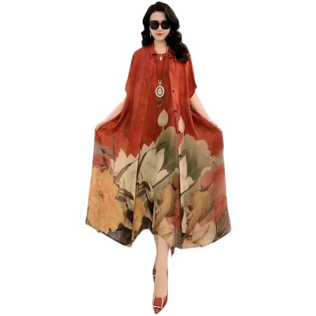 Large size silk dress for women two-piece 2025 spring new style rich lady temperament slim print suit skirt
