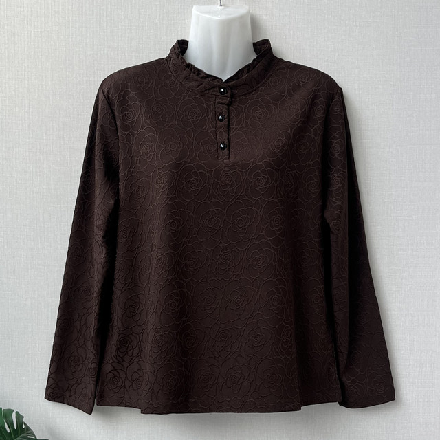 Mom's autumn and winter plus thin velvet base shirt middle-aged and elderly fashionable lace mid-neck long-sleeved T-shirt jacquard loose inner wear new