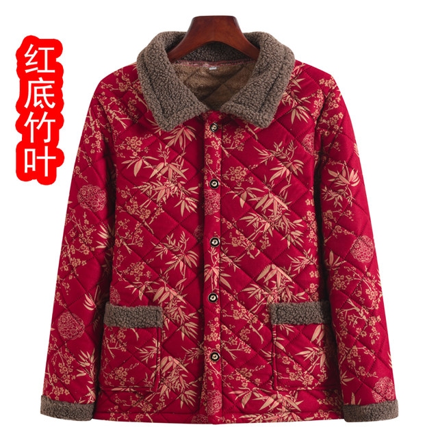 Mom's autumn and winter velvet cotton-padded jacket for middle-aged and elderly women large size loose lapel pattern thickened cotton top