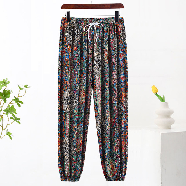 Large size high waist ice silk anti-mosquito pants middle-aged mother summer wear 200Jin [Jin is equal to 0.5kg] leggings bloomers fashionable cool pants in colors