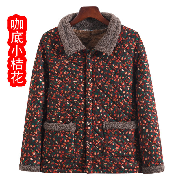 Mom's autumn and winter velvet cotton-padded jacket for middle-aged and elderly women large size loose lapel pattern thickened cotton top