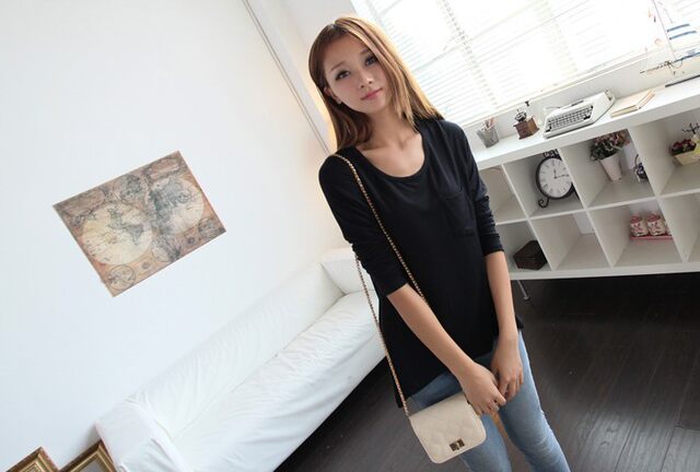 European and American spring women's clothing modal solid color pocket loose slim long-sleeved pullover T-shirt women's base shirt
