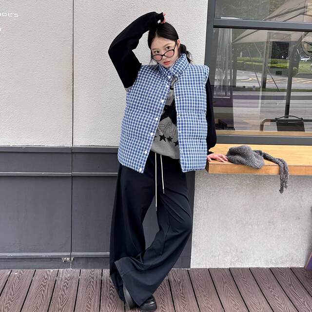 FGOB's new Korean -style white small incense wind spring stands blue plaid vest sleeveless wild top cotton jacket vest