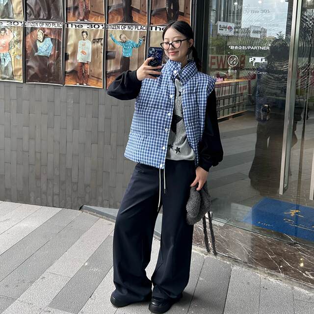 FGOB's new Korean -style white small incense wind spring stands blue plaid vest sleeveless wild top cotton jacket vest