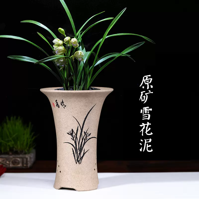 蘭花盆紫砂陶瓷蘭草蕙春建寒蘭高束腰刻繪圓