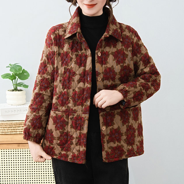 Middle-aged and elderly women's thin floral cotton-padded clothes for autumn and winter new warm cotton-padded shirts, jackets, cotton clothes, mother's cotton-padded jackets
