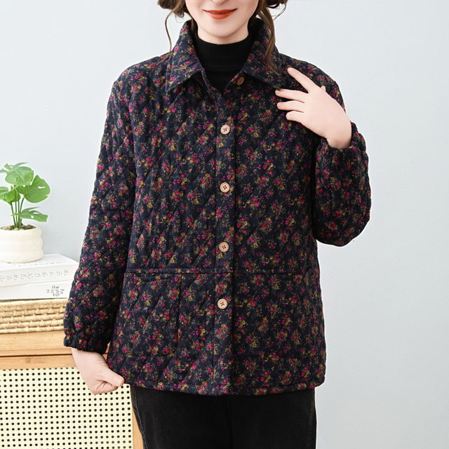 Middle-aged and elderly women's thin floral cotton-padded clothes for autumn and winter new warm cotton-padded shirts, jackets, cotton clothes, mother's cotton-padded jackets