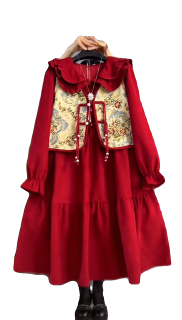 Large -size high -level sensor autumn installation retro -old buckle Suwa doll collar age reduction dress shows thin and covered two pieces of meat
