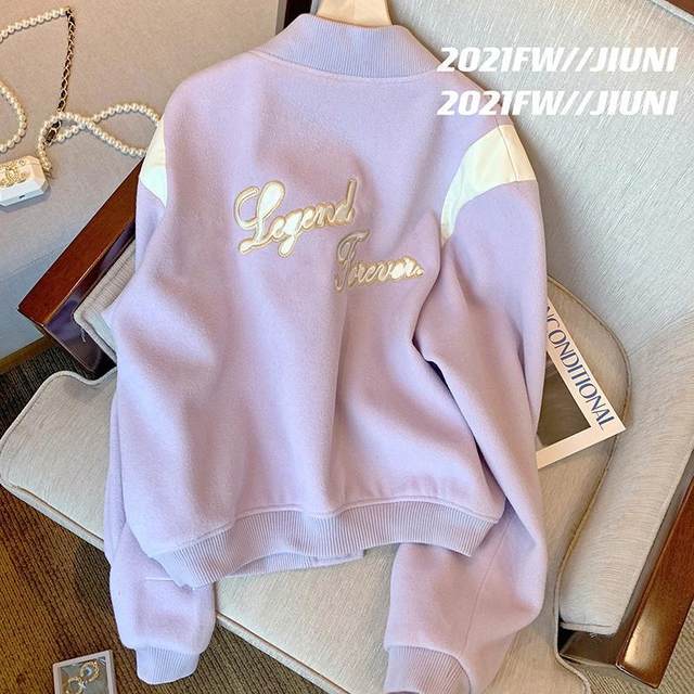 300Jin [Jin equals 0.5kg] Large size purple baseball uniform jacket for women 2021 winter new style loose niche western style thickened velvet jacket