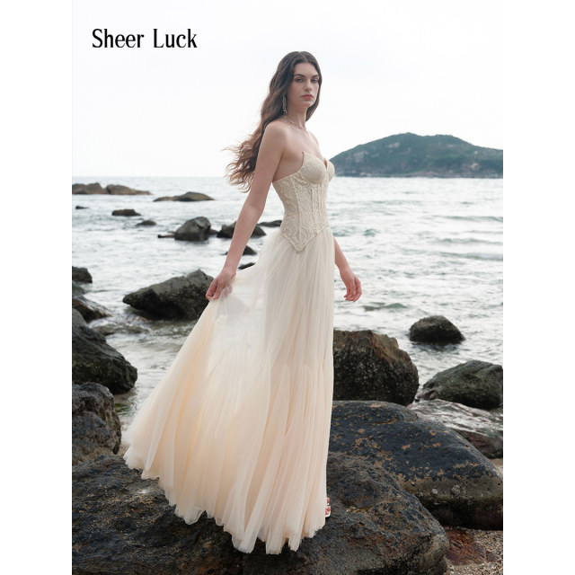 Sheer Luck Wavy heavy lace fishbone strapless mesh dress
