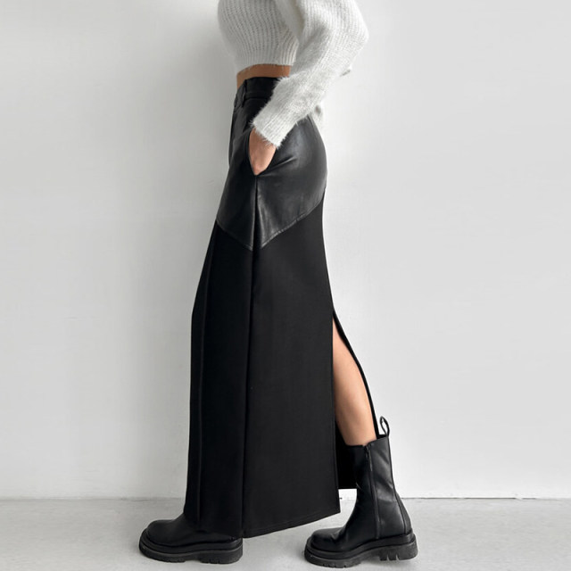 South Korea Chic Winter retro handsome high waist, thin waist, thin waist stitching PU leather straight hip skirt long skirt female