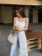 Korean chic summer French elegant square collar single-breasted heavy industry lace design suspender dress for women