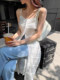Korean chic summer French elegant square collar single-breasted heavy industry lace design suspender dress for women
