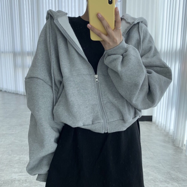 South Korea Chic autumn and winter niche minimalist hooded pull rope zipper design Loose and versatile long -sleeved sweater outside women