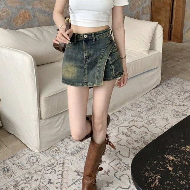 Retro washable and antique denim skirt women's summer hot girl high waist slim A-line skirt short skirt
