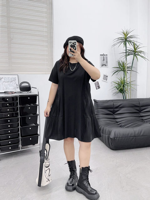 Wanwan large-size large-sleeved short-sleeved dress in summer, with a waist-hugging fat mm loose slim T-shirt A-line skirt