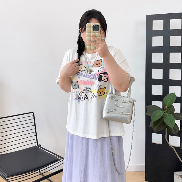 Large size fat mm cartoon front shoulder pure cotton cartoon printed short-sleeved T-shirt for women in spring and summer 2025 new loose top
