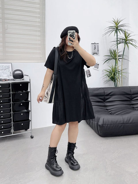 Wanwan large-size large-sleeved short-sleeved dress in summer, with a waist-hugging fat mm loose slim T-shirt A-line skirt