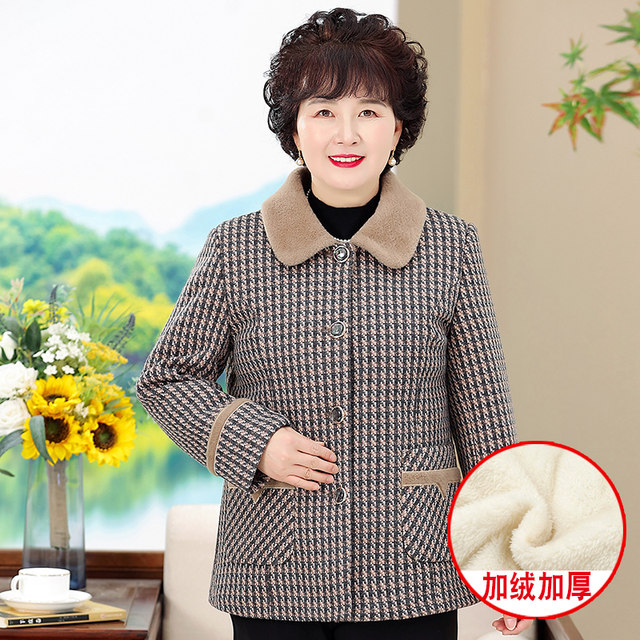 Winter coat for the elderly, grandma's plaid short coat, mother's fashionable new style thickened velvet cotton coat for the elderly