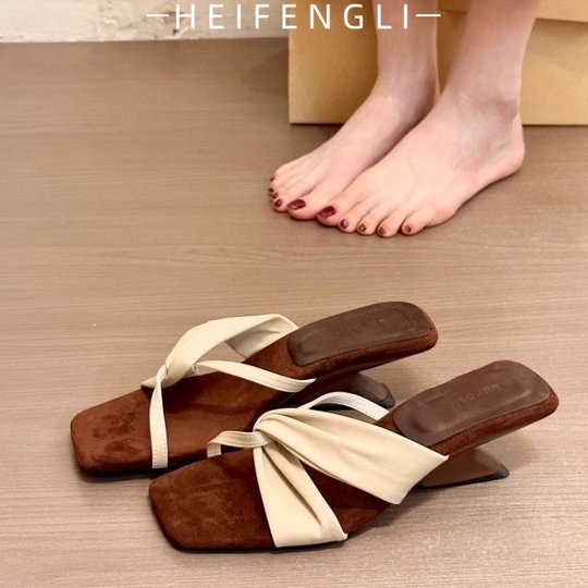 Sheepskin version! Square-toe suede strap heel sandals for women's summer wear cross-belt design open-toe sandals