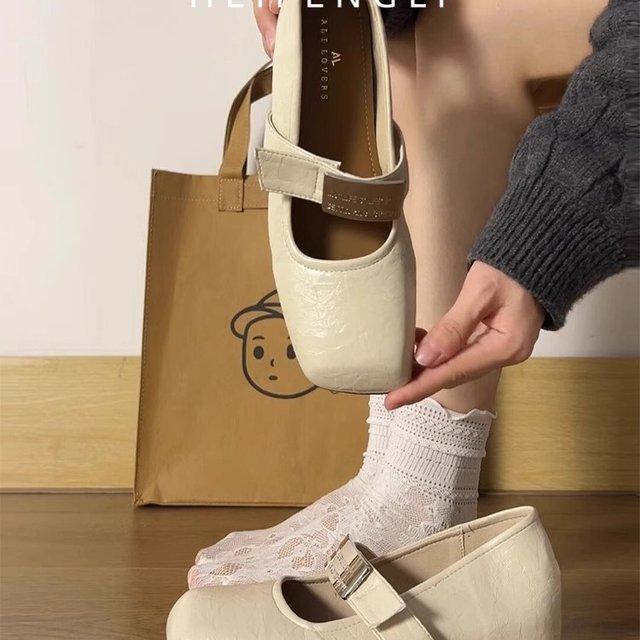 French black inner heightened Mary Jane single shoes for women 2025 new fairy style square-toe buckle flat leather shoes