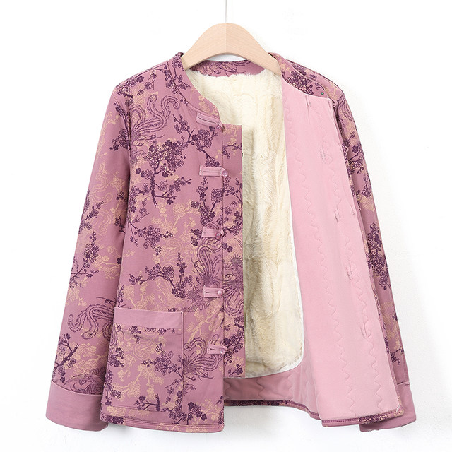Middle-aged and elderly women's clothing, mother's clothing, velvet cotton coats, women's autumn and winter new style grandma's warm little flower jackets, clothes for the elderly