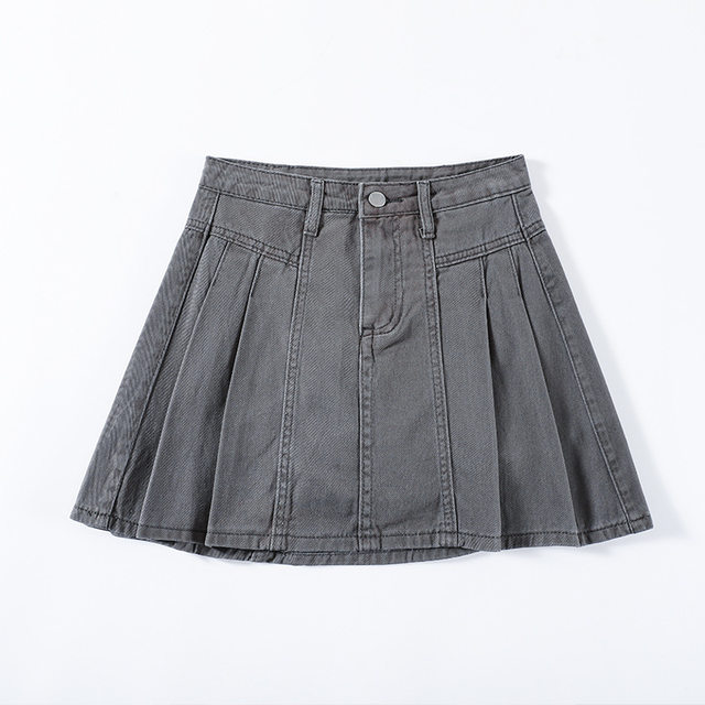 Gray denim skirt for women thin summer 2025 new high-waist pleated short skirt anti-exposure A-line skirt pants