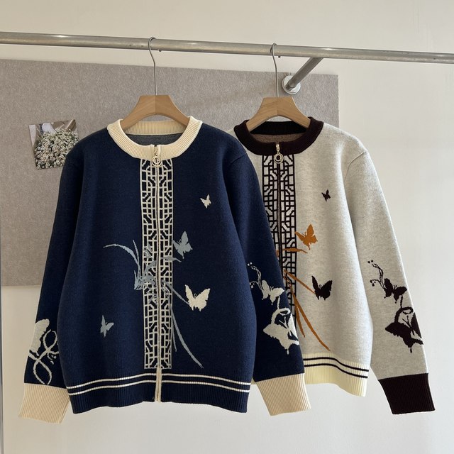 New Chinese style mother's clothing autumn knitted cardigan top zipper long sleeve middle-aged and elderly women's round neck fashion versatile jacket