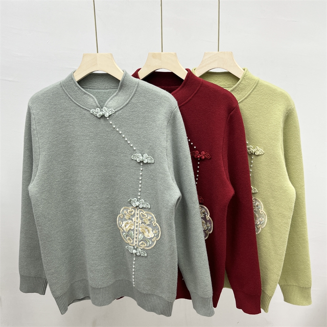 Middle-aged mother's new style knitted velvet bottoming sweater middle-aged and elderly women's all-in-one velvet winter thick top