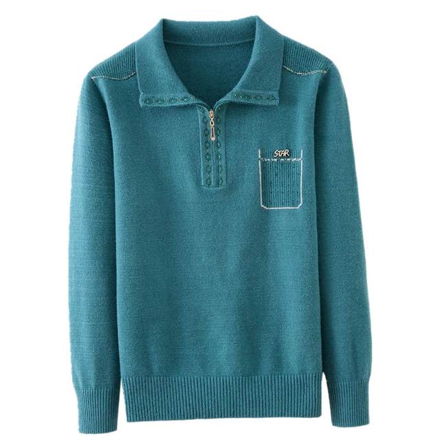 Autumn and winter middle-aged and elderly women's large size half-zip woolen sweater, fashionable mother's knitted long-sleeved lapel bottoming shirt