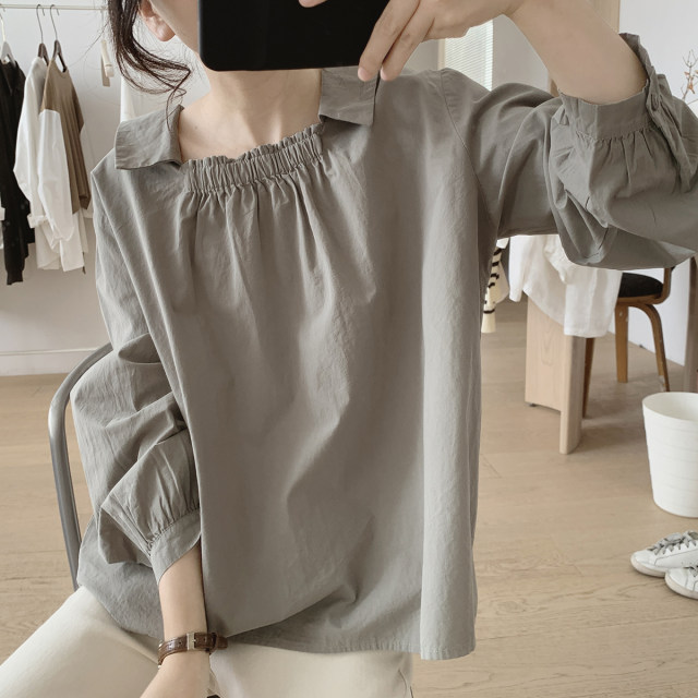 One word -collar shirt Ms. Spring and Autumn New Simple Simple Fresh Fresh Sleeve Niche Design Sensory Cotton Big Top

