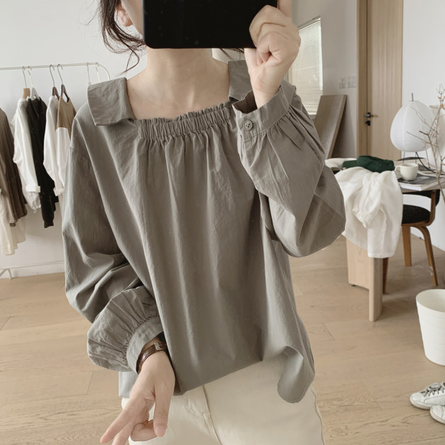 One word -collar shirt Ms. Spring and Autumn New Simple Simple Fresh Fresh Sleeve Niche Design Sensory Cotton Big Top
