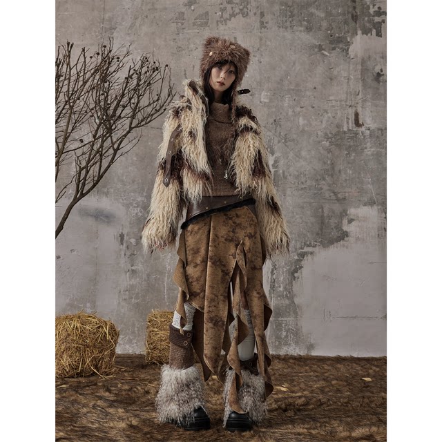 Lost back garden retro wandering pu leather splicing rivet autumn and winter irregular ruffled long skirt for women
