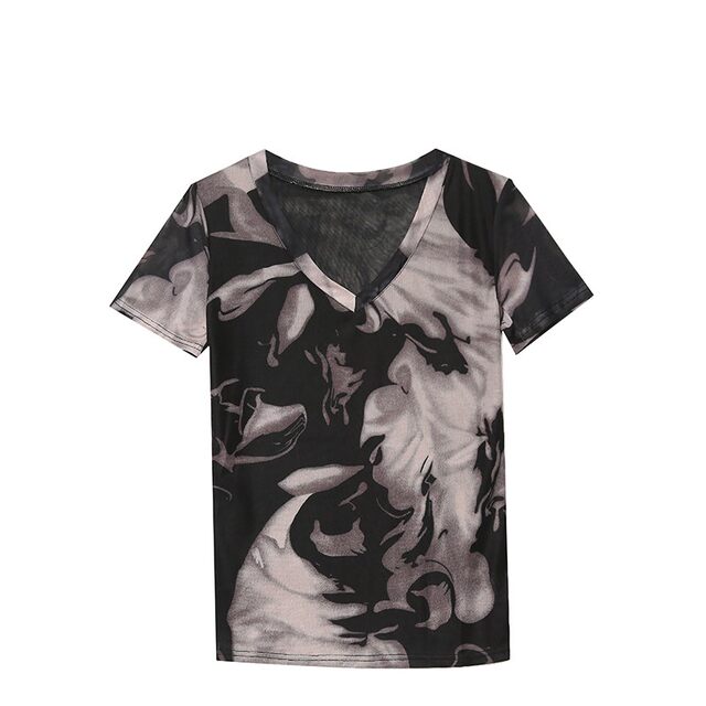 
Tie-dye printed short-sleeved women's summer 2024 new sexy V-neck mesh T-shirt European top fashionable and versatile small shirt