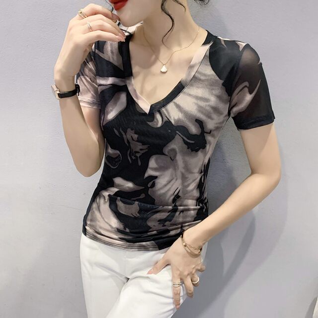 
Tie-dye printed short-sleeved women's summer 2024 new sexy V-neck mesh T-shirt European top fashionable and versatile small shirt